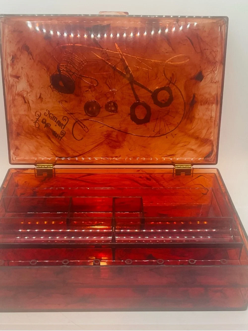 Vintage 1960s Lucite Amber ‘For My Sewing’ Box & Tray Gold Embossed Design.
